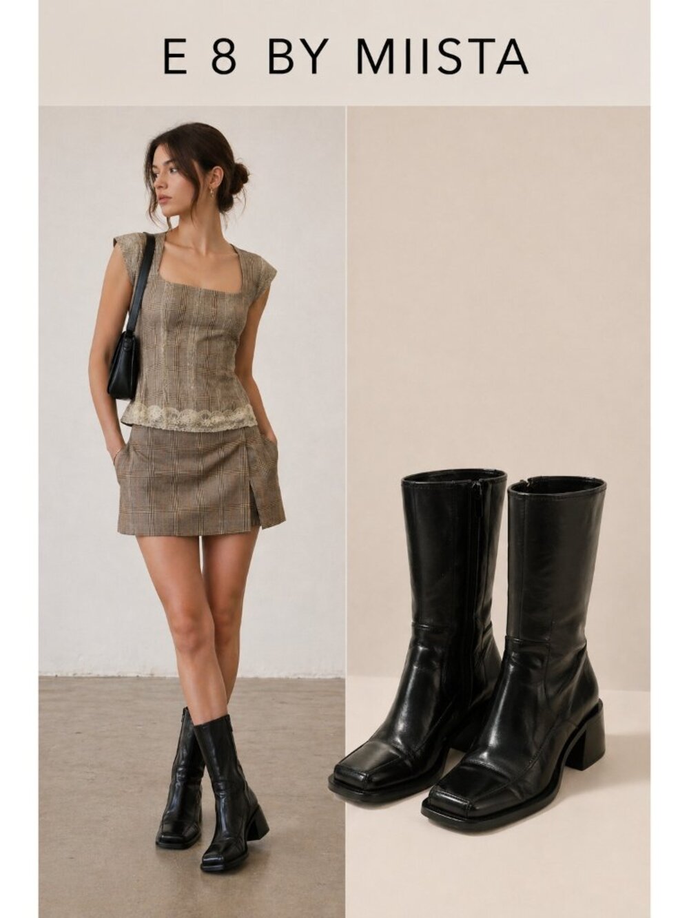 E8 by Miista Black Leather Mid Calf Boots EU 40 Square Toe Block Heel - Picture 15 of 16
